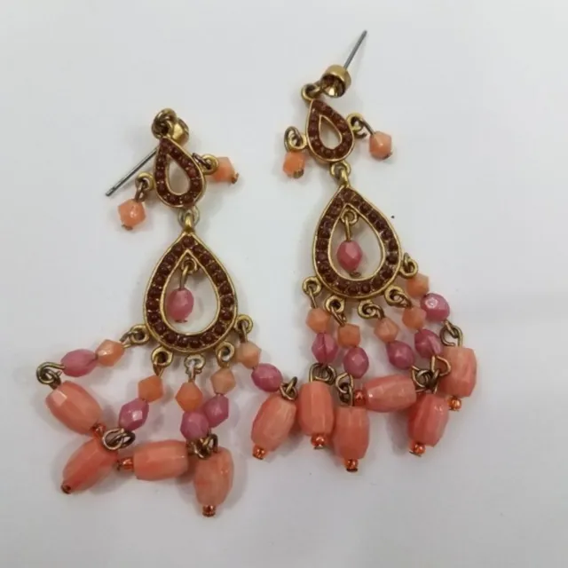 Chandelier Pink Gold Tone Earrings Stud Dangle Beaded Teardrop Rhinestone