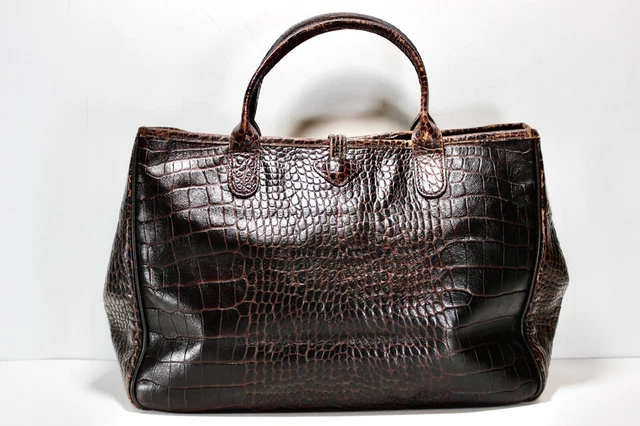 Vintage LONGCHAMP Croc Embossed Roseau Brown Leather Tote Bag France 2