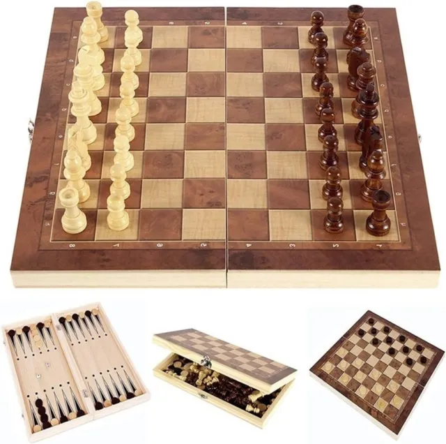 LARGE Vintage Wooden Chess Set Wood Board Hand Carved Crafted Folding Game 14"