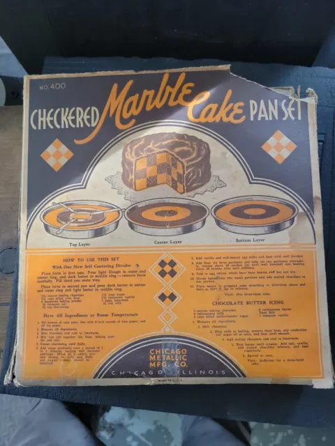 Vintage Checkered Marble Cake Pan 4 pc #400 W/Box by Chicago Metallic USA CLEAN