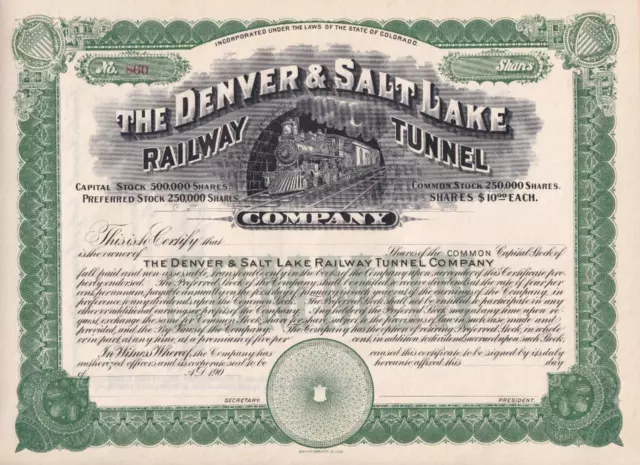 1900s Denver & Salt Lake Railway Tunnel Company capital stock certificate