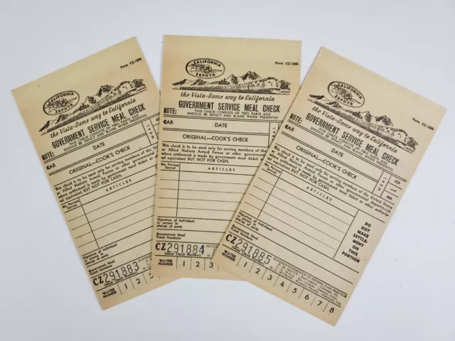 1940s Vista Dome California Zephyr Train Soldier Government Service Meal Checks