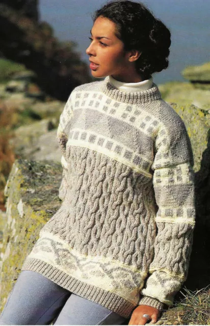 Ladies Long Cable Fair Isle Tunic Sweater Jumper KNITTING PATTERN Aran 30 - 40"