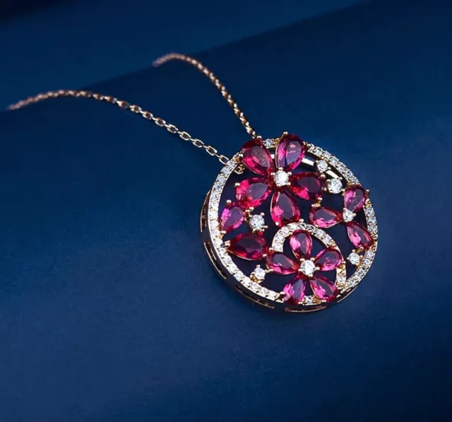 14K Rose Gold Plated Pear Cut Lab-Created Pink Sapphire Bloom Pendant with Chain