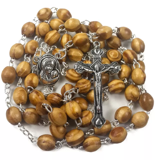 Catholic Prayer Rosary Olive Wood Beads Necklace Holy Soil Medal Cross Crucifix