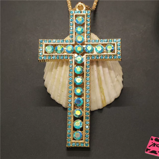 Hot AB Blue Shiny Crystal Prayer Cross Fashion Women Pendant Sweater Necklace