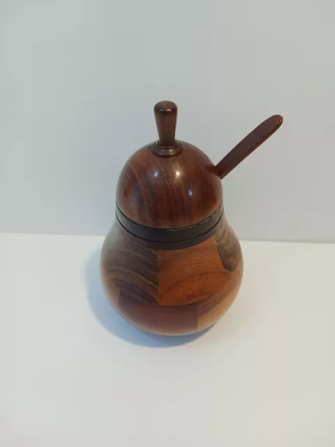 Vintage Pear Shape Carved Wood Tea Caddy With Spoon 7"