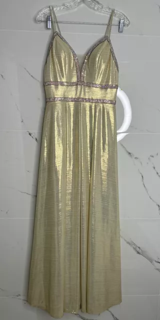 Camille La Vie Beaded Maxi Dress Sz 4 Gold V-Neck Strappy Ball Gown Prom Formal