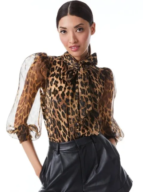 Alice + Olivia Brentley Leopard-Print Tie-Neck Blouse size S  NWOT