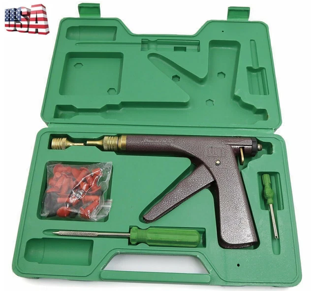 Tubeless Tire Puncture Repair Tool w/ Tire Mushroom Plugs Vacuum Gun Kit US Ship