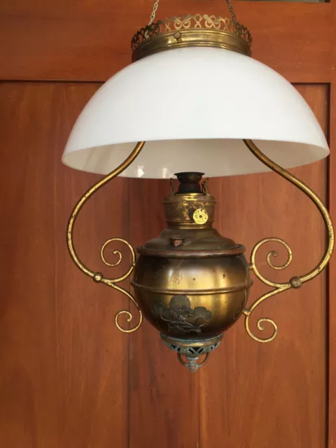 VTG MILLER Hanging Oil Kerosene Ceiling BRASS Light MILK GLASS Shade OFF GRID