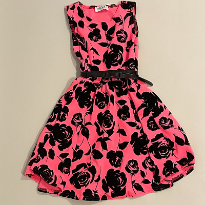 Girls Pink & Black Floral Faux Velvet Dress Age 7 8 9 10 13 Party Christmas
