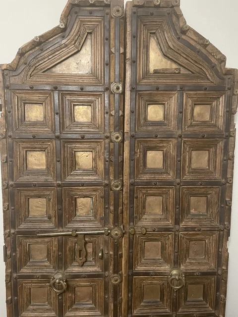 Antique Architectural Salvage Wooden Paneled Metal Strapped Ornate Pair Doors.