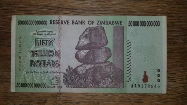 Zimbabwe 50 Trillion Dollars banknote LOW NUMBER AA01... 2008 P90 VF bill