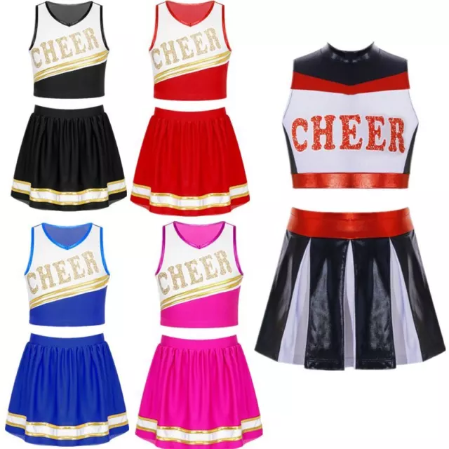 Kids Girls Sleeveless Crop Top Pleated Dance Skirt Outfits Cheerleading Costume