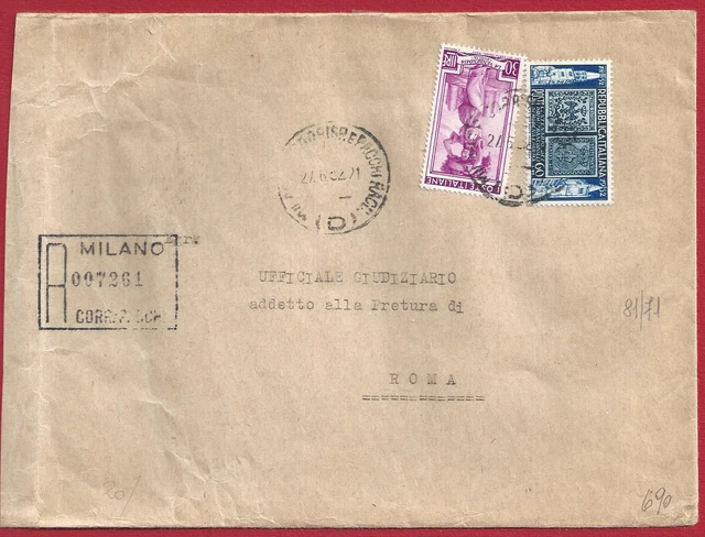1952 n° 644 + n° 690 sur lettre recommandée pour Rome