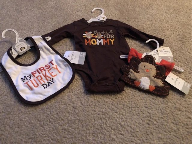 Girls Boys Baby Thanksgiving Turkey One Piece Bib NEW NWT Snap Carter's-3 Months