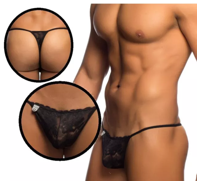 Perizoma uomo sexy in pizzo tanga g string nero trasparente intimo slip mutanda