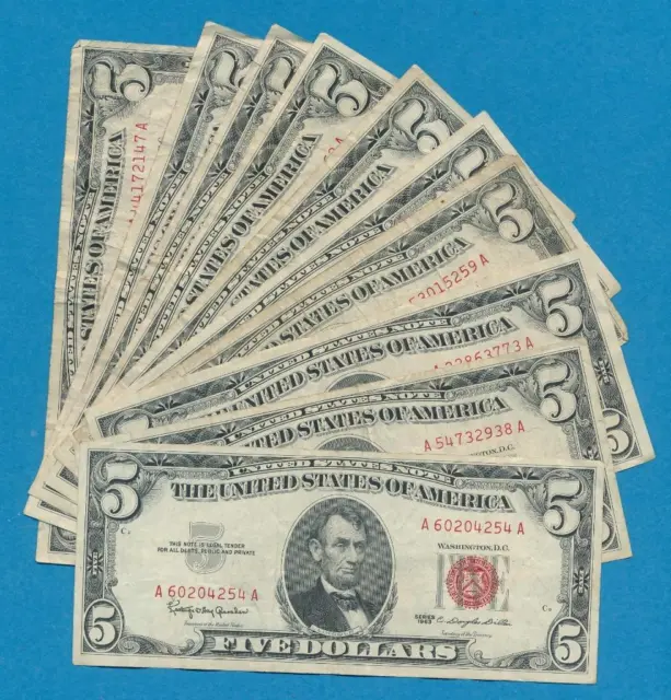 10-$5.00 1963 Series Red Seal United States Notes, Dealers Lot