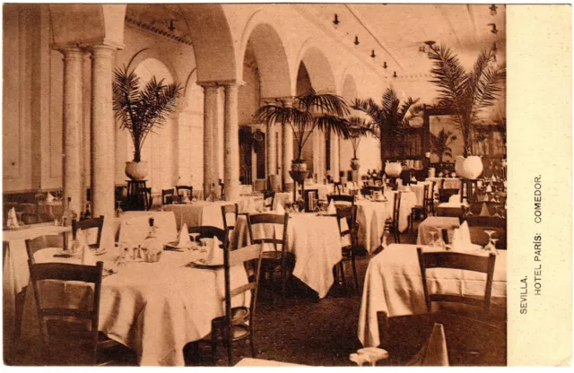 Postcard  ~ Sevilla Spain Hotel Paris Comedor Dining Room Antique