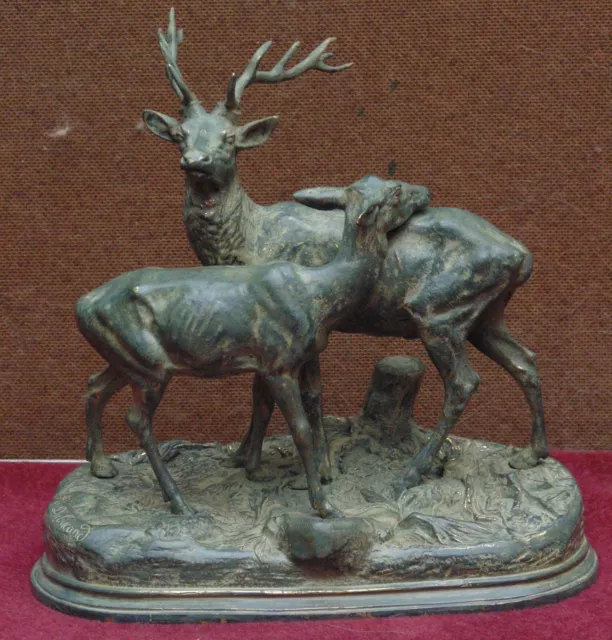 rare magnifique  ancien grand bronze 19 eme cerf biche a dubucand + fondeur