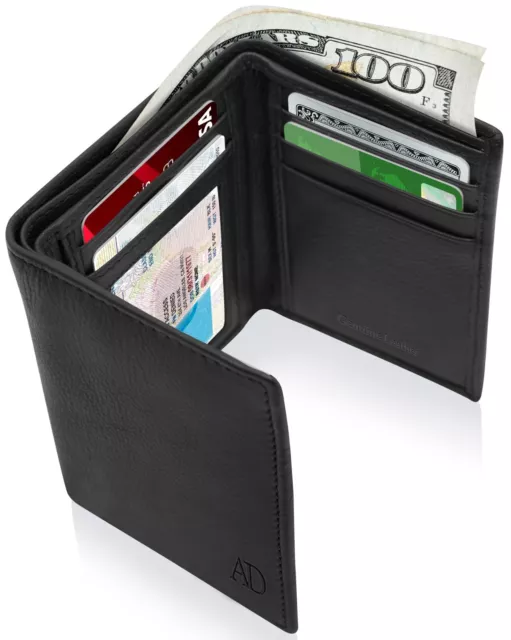 Genuine Leather Slim Trifold Wallet For Men Card Holder Minimalist RFID Blocking