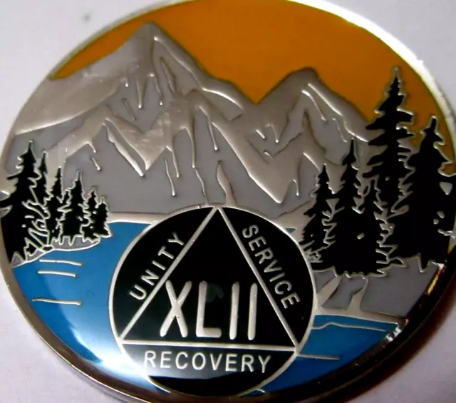 Moneda medallón de plata azul montaña verde Alcohólicos Anónimos 42 años AA ficha