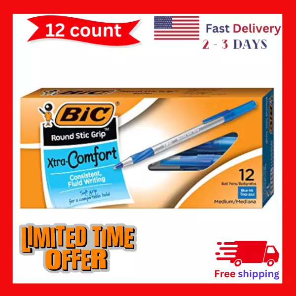 12-Count BIC Round Stic Grip Xtra Comfort Ballpoint Pen, Medium Point (1.2mm)