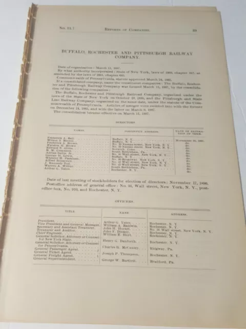 1891 RR train paper BUFFALO ROCHESTER & PITTSBURGH RAILWAY coal railroad N.Y. PA