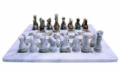 Scacchiera Classica da Tavolo Marmo Bianco Onice Verde Italian Chess Set 40cm 2