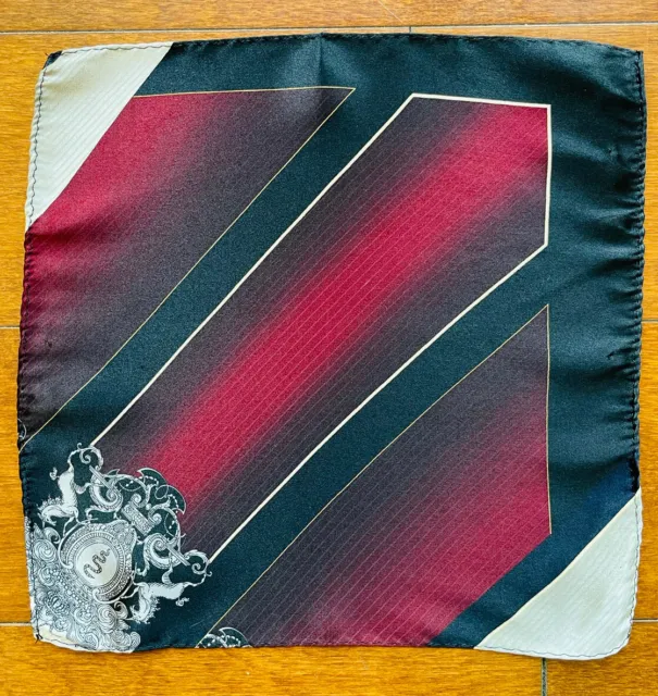 Mens Red Crest & Pinstripes Vintage 100% Silk Pocket Square/Hanky