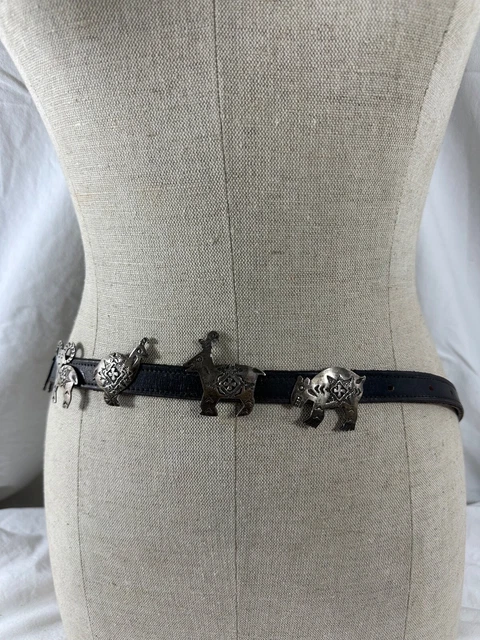 Vintage sterling silver Native American Concho leather belt with animals medium Vintage sterling silver Native American Concho leather belt with animals medium