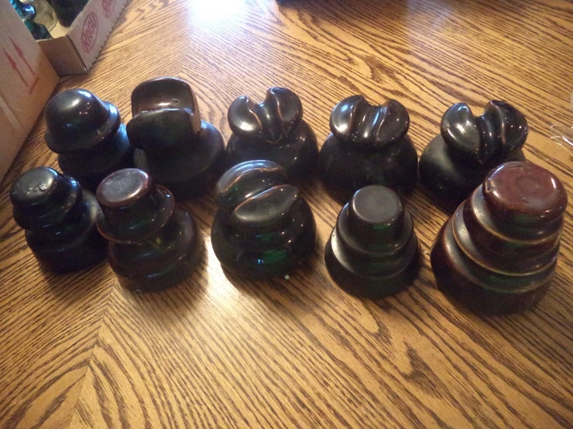 Vintage Brown Porcelain Insulators, Lot of 10,  PP Inc 1949 Various Shapes