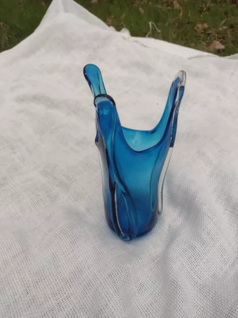 MID CENTURY MODERN Swung Blue Art Glass Vase STUDIO ART GLASS  7.5 "