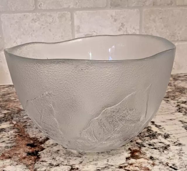 Vintage Slightly Iridescent. Textured Glass Salad Bowl with Large Leaf Design