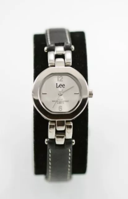 Lee Watch Women Stainless Steel Silver Leather Black Water Res Batt White Quartz