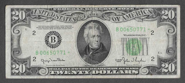 FR 2059-B* STAR $20 New York Series of 1950 Green Seal Federal Reserve Note