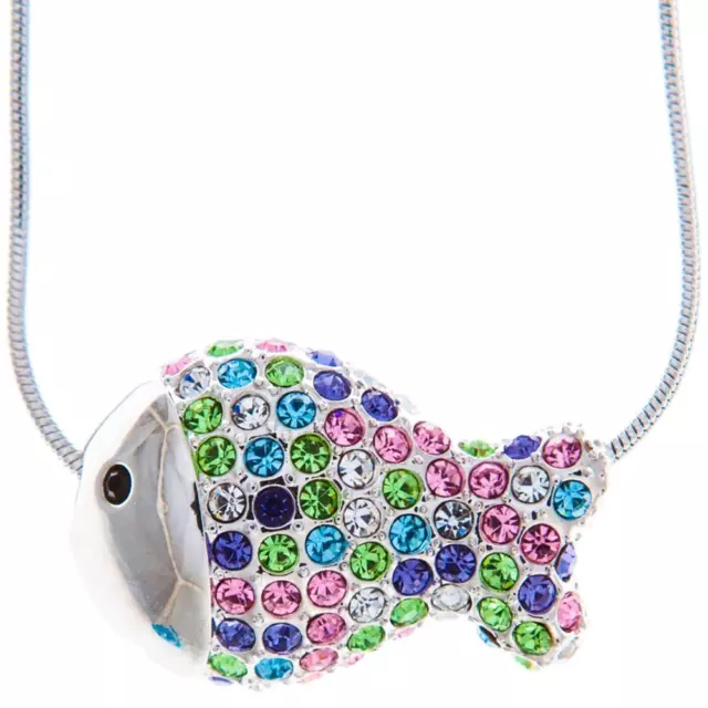 16'' Rhodium Plated Necklace w/ Fish Design & Multi-Colored Crystals by Matashi