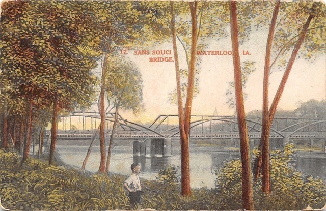 WATERLOO IOWA~BOY IN the Woods by Sans Souci Bridge~1910 PC $4.50