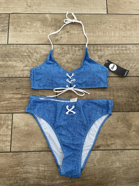 Set Bikini Boohoo Boohoo Nuovo Con Etichette Taglia 10 Denim Corsetto Con Lacci A Gambe Alte Crop