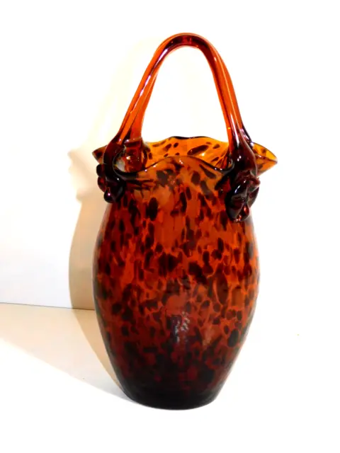 Vintage Murano Style Blown Glass Purse Vase Handbag Cheetah Leopard Tortoise 12"