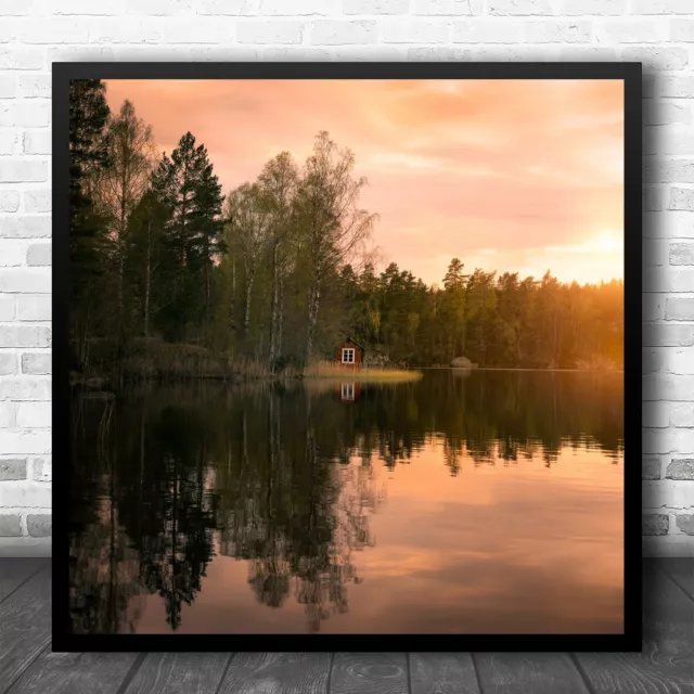 Schweden Sommerhaus Hütte Ferienhaus See Wasserbäume Waldfenster Wandkunstdruck