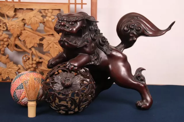 Vintage Japanese Brown Bronze Lion Shishi Statue 15.75inch Foo Dog Art Sculpture
