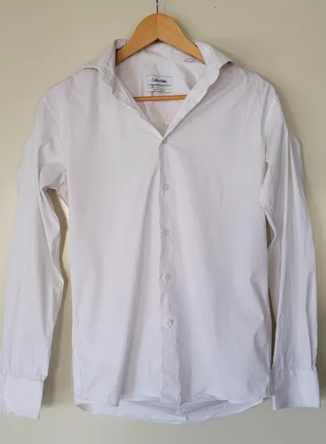 Calvin Klein Dress Shirt Mens White Long Sleeve Button Up Slim Fit Size 38 86