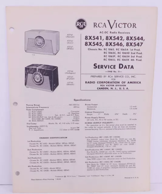 Photo Fact Data 1948 RCA Models 8X541 8X542 8X544 Broadcast Table Radio.