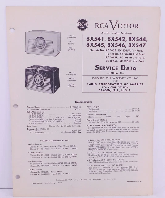 Photo Fact Data 1948 RCA Models 8X541 8X542 8X544 Broadcast Table Radio.