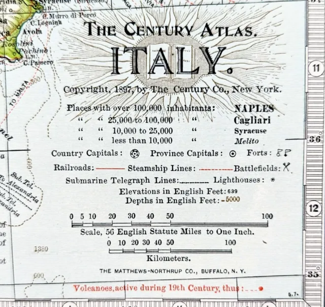 1897 Map ITALY ORIGINAL Rome Venice Sicily STEAMSHIPS RAILWAYS Sardinia Naples