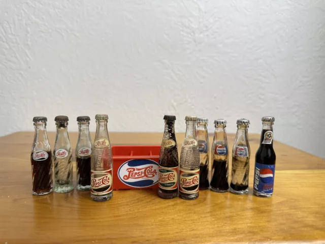 10 Miniature Pepsi Cola Bottles~3 Very RARE~4 Styles~6 Pk Red Plastic Crate~Logo