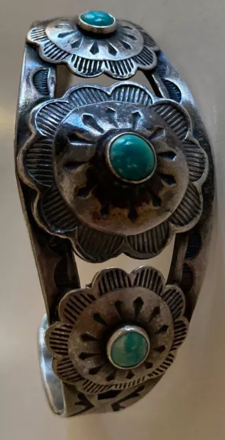 Vintage Navajo Sterling Silver Turquoise Flower Thunderbird Old Pawn Bracelet