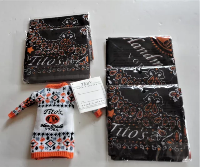6 New Tito's Handmade Vodka 5 Black Orange Bandana 1 White Bottle Sweater Koozie